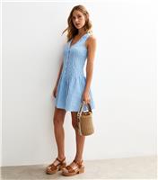 Women's Blue Gingham V-Neck Button Up Mini Dress New Look