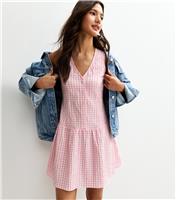 Women's Pink Gingham V-Neck Button Up Mini Dress New Look