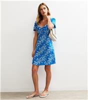 Women's Blue Daisy Print Ruffle Trim Tie Mini Dress New Look