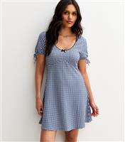 Women's Blue Textured Gingham Check Tie Detail Mini Dress New Look