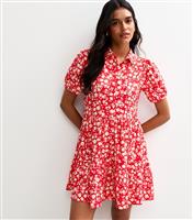 Women's Red Floral Print Crinkled Tiered Mini Dress New Look