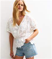 Women's White Semi Sheer Crochet Lace Trim V-Neck Blouse New Look