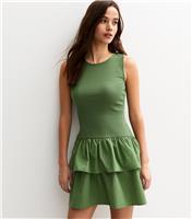 Women's Green Ribbed Jersey Poplin 2 In 1 Mini Dress New Look