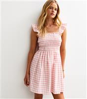 Women's Pink Gingham Print Shirred Frill Strap Mini Dress New Look