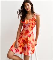 Women's Orange Floral Print Ruffle Trim Mini Dress New Look