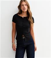 Women's Black Ribbed Jersey Button Up Baby Tee New Look