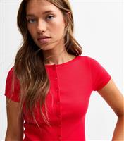 Women's Red Ribbed Jersey Button Up Baby Tee New Look