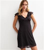 Women's Black Mesh Polka Dot Frill Trim Mini Dress New Look