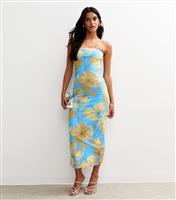 Women's Blue Floral Print Mesh Bandeau Midi Dress New Look