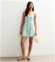 Women's Blue Floral Print Chiffon Frill Trim Mini Dress New Look