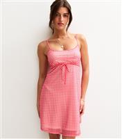 Women's Red Gingham Print Bow Trim Mesh Mini Dress New Look