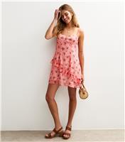 Women's Pink Gingham Rose Print Frill Trim Mini Dress New Look