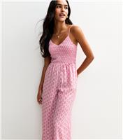 Women's Pink Abstract Print Shirred Wide Leg Jumpsuit New Look