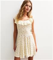 Women's Cream Ditsy Print Ruffle Front Side Bow Mini Dress New Look