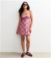 Women's Pink Check Print Bow Trim Mesh Mini Dress New Look