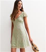 Women's Green Floral Print Frilly Trim Chiffon Mini Dress New Look