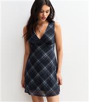 Women's Navy Check Print V-Neck Mesh Mini Dress New Look