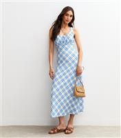 Women's Blue Crinkled Jersey Checked Milkmaid Midi Dress New Look