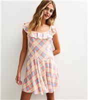 Women's Pink Check Print Ruffle Front Side Bow Mini Dress New Look