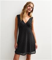 Women's Black Polka Dot V-Neck Mesh Mini Dress New Look