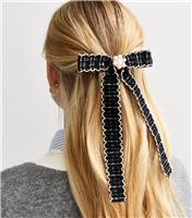 Black Boucle Knit Faux Pearl Bow Barette Hair Clip New Look