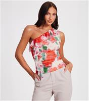 Women's Red Floral Print One Shoulder Mesh Top Quiz New Look
