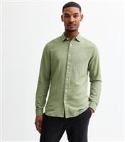 Men's Light Green Linen Look Long Sleeve Shirt Only and Sons New Look