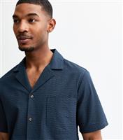 Men's Navy Seersucker Short Sleeve Shirt Only and Sons New Look