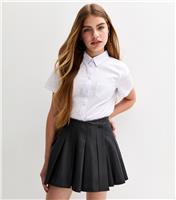 Girls' Black Faux Leather Asymmetric Pleated School Skort New Look