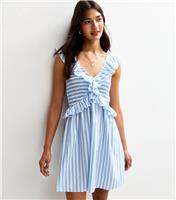 Women's Blue Striped Print Ruffle Trim Shirred Mini Dress New Look