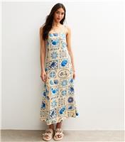 Women's Blue Tile Print Square Neck Midi Dress New Look