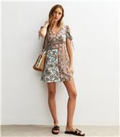 Women's Blue Paisley Print V-Neck Tie Sleeve Mini Dress New Look