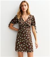 Women's Brown Rose Print V-Neck Tie Sleeve Mini Dress New Look