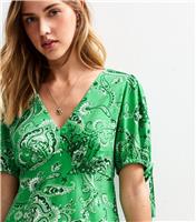 Women's Green Paisley Print V-Neck Tie Sleeve Mini Dress New Look