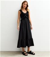 Women's Black Ruffle Trim Shirred Bust Midi Dress New Look