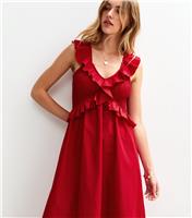 Women's Bright Red Ruffle Trim Shirred Bust Midi Dress New Look