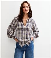 Women's Blue Check Print Textured Tie Neck Blouse New Look