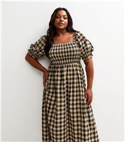 Women's Plus Size Brown Checked Puff Sleeve Midi Dress Curves New Look