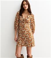 Women's Cream Floral Print Ruff Collar Mini Dress New Look