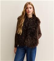 Girls' Dark Brown Shaggy Faux Fur Gilet New Look