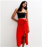 Women's Red Ruffle Trim Hem Slit Midi Skirt New Look