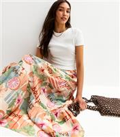 Women's Multicolour Flower Grapefruit Print Tiered Midi Skirt New Look