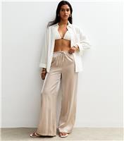 Women's Cream Shimmer Satin Wide Leg Trousers New Look