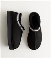 Women's Black Faux Suede Cross Stitched Faux Fur Lined Slipper Boots Vegan New Look
