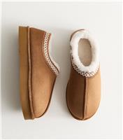 Women's Tan Faux Suede Cross Stitched Faux Fur Lined Slipper Boots New Look