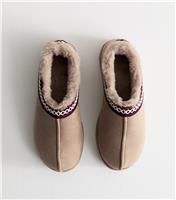 Women's Oatmeal Faux Suede Cross Stitched Faux Fur Lined Slipper Boots New Look