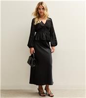 Women's Petite Black Satin Midi Skirt New Look
