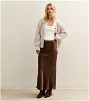 Women's Petite Brown Satin Midi Skirt New Look