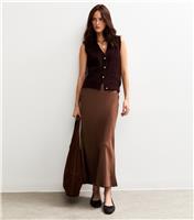 Women's Dark Brown Satin Bias Cut Midi Skirt New Look