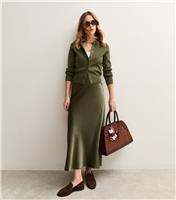 Women's Light Khaki Satin Bias Cut Midi Skirt New Look